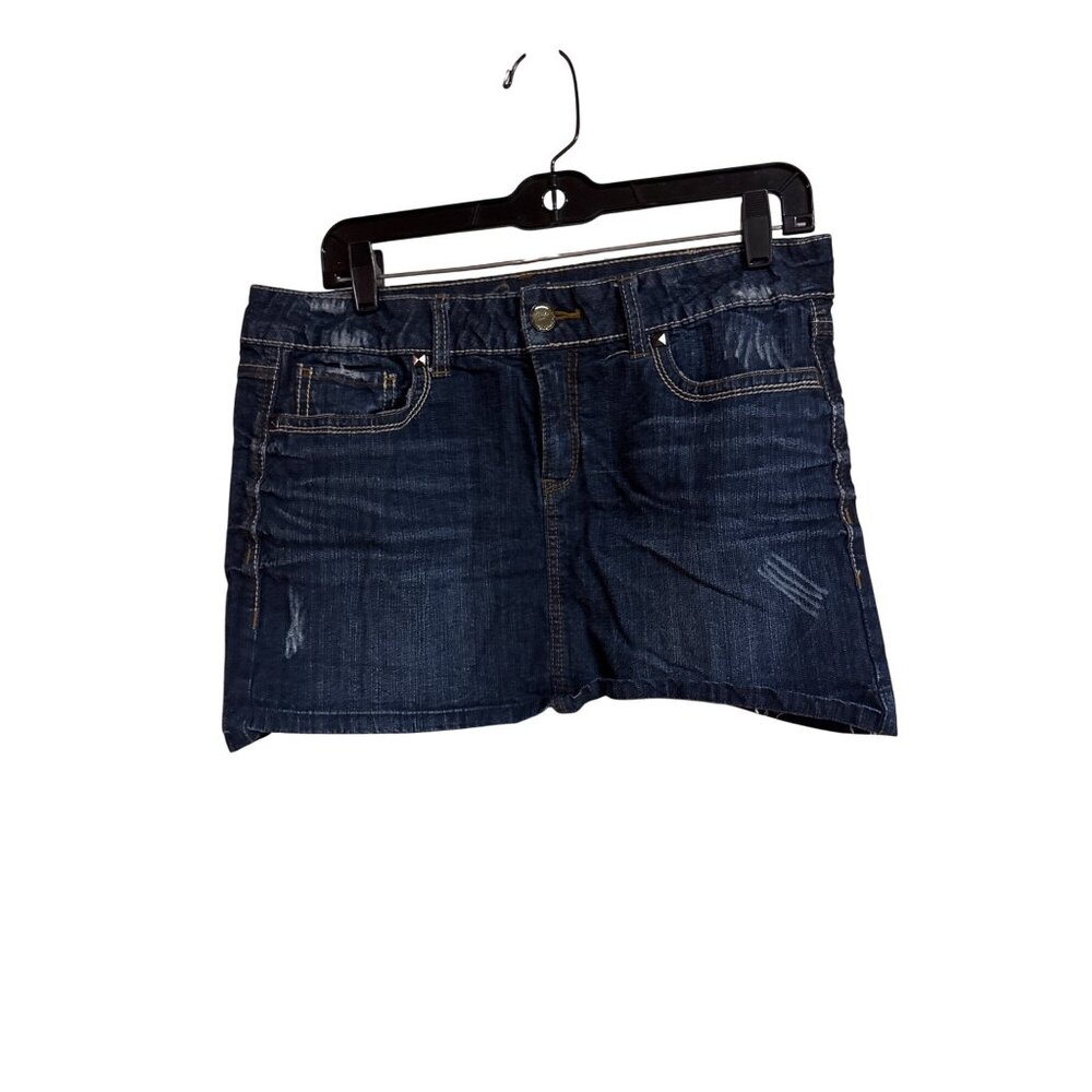 Y2K Candie’s Womens Distressed Denim Skirt With Embroidery Pockets & Raw Hem Siz